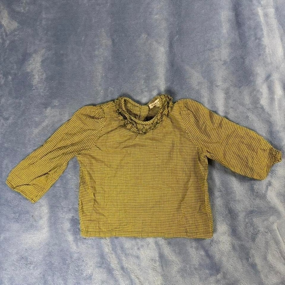 Caramel‎ kids size 3 Yellow + green plaid cropped blouse with ruffle collar